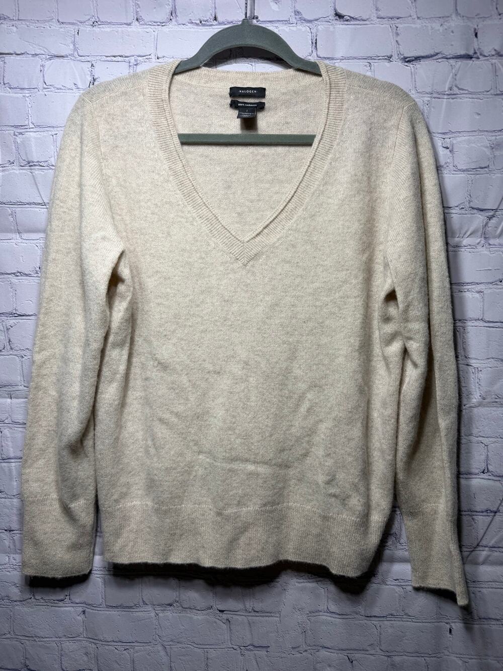 Halogen Womens V-Neck Cashmere Sweater Cream Sz L Luxury Soft Lighweight
